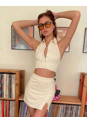 Princess Polly Cream Yellow Darby Two-Piece Halter Crop Top & Mini Skirt Set